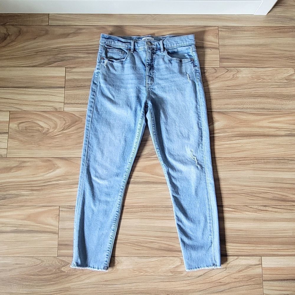 LOFT High Waist Skinny Frayed Hem Jeans in Light Wash